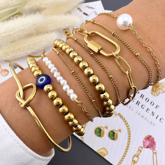 Gouden kettingarmband met imitatieparel – Minimalistische waterdichte sieraden, hypoallergeen, 17+5 cm verstelbaar