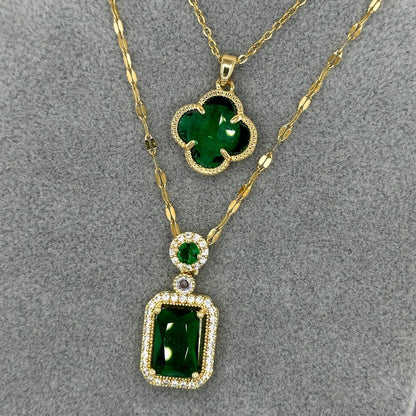 18K vergulde roestvrijstalen ketting met groene zirkonia en bloemvormige hanger