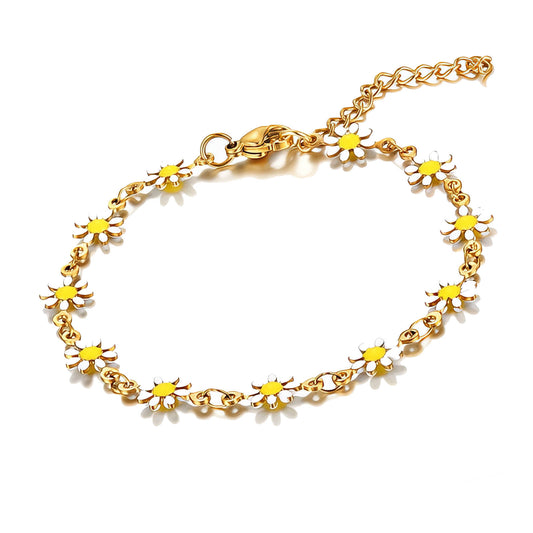 Madeliefjesweide Armband – 18K verguld roestvrij staal, email, waterbestendig & hypoallergeen (17+5 cm)