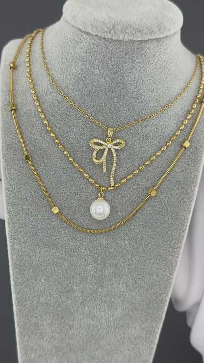 18K Goldplattierte Edelstahl Halskette mit Schleife und Zirkonia Steinen
